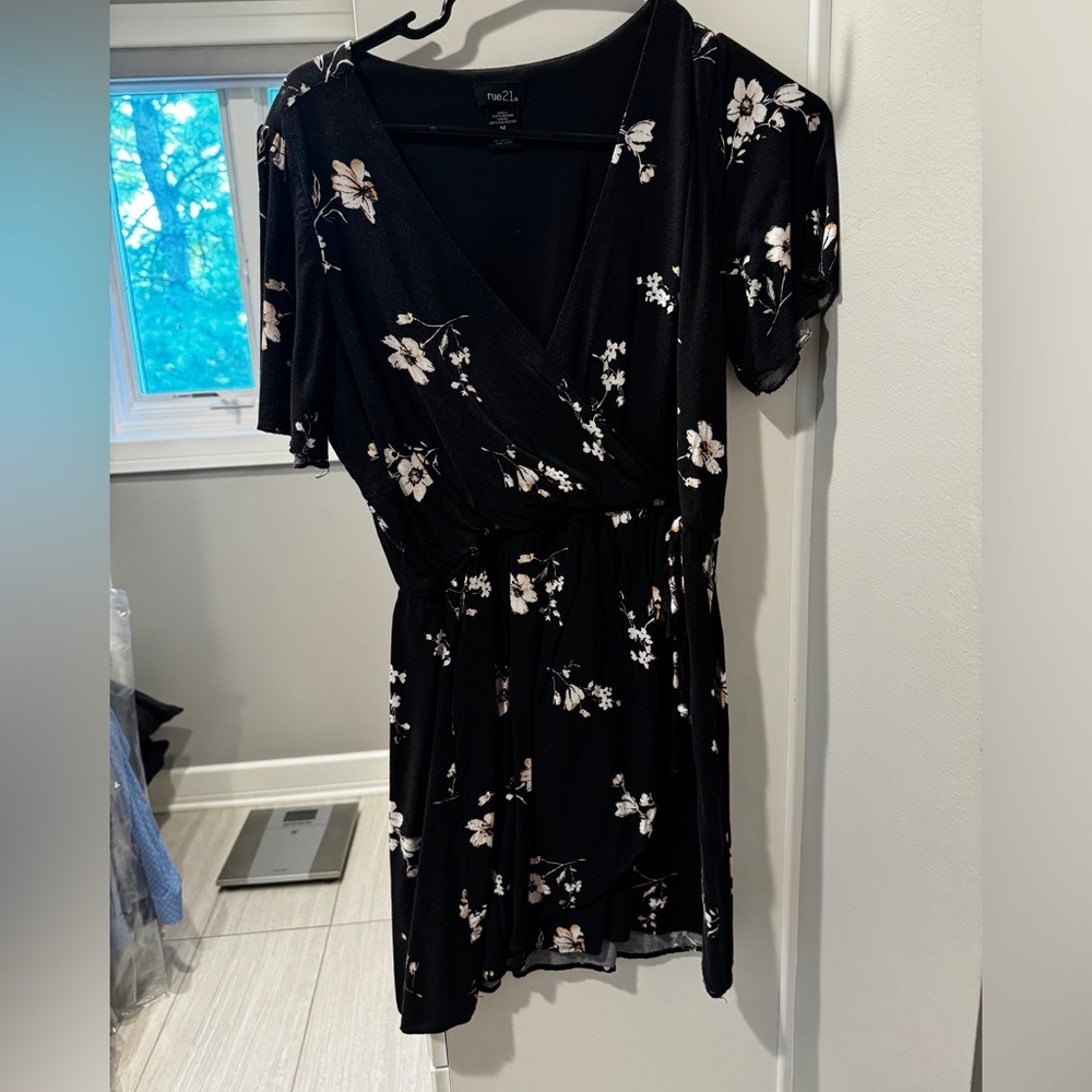 Black floral wrap skort dress